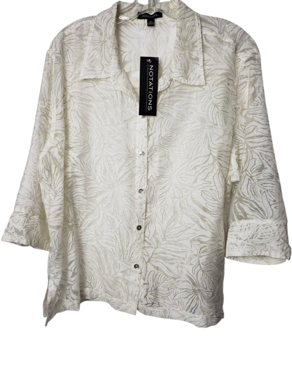 Notations Womens Semi-Sheer Floral Button-Down 3/4 sleeves Blouse Ivory XLarge - Picture 2 of 13